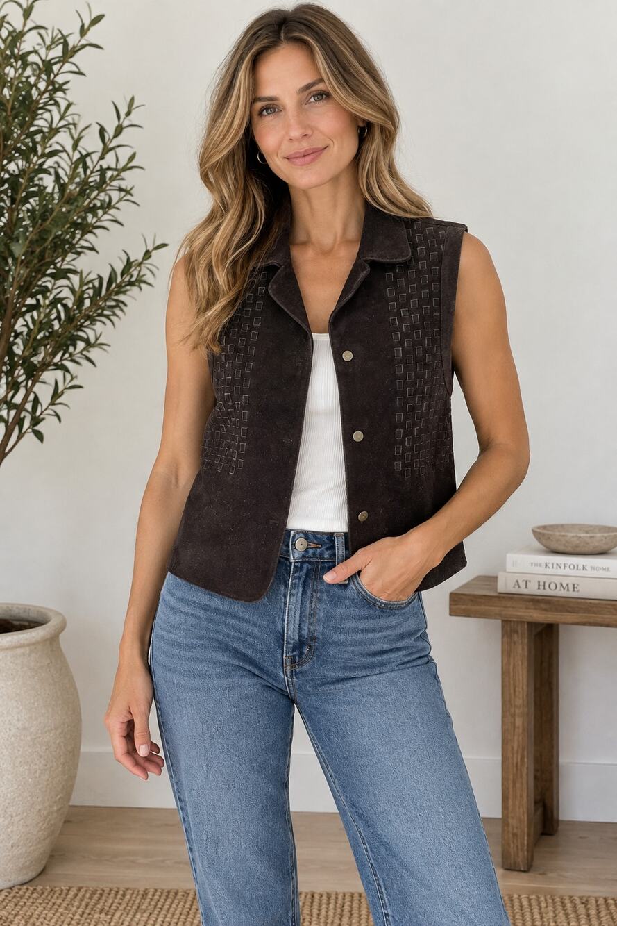 Vintage 90s NU-I.D. Clothing Dark Brown Suede Leather Western Vest M